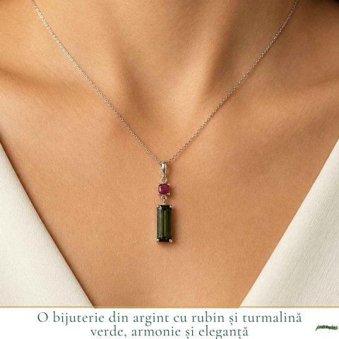 Colier Argint 925 cu Rubin si Turmalina Verde Naturala Patrat si Dreptunghi – Dragoste si Echilibru [1]