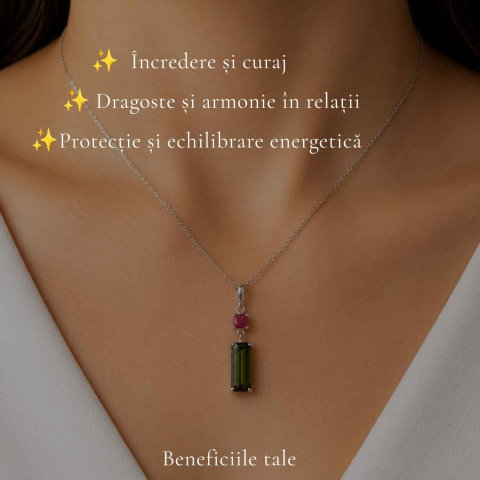 Colier Argint 925 cu Rubin si Turmalina Verde Naturala Patrat si Dreptunghi – Dragoste si Echilibru [2]