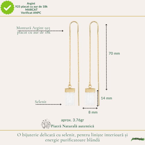 Cercei Argint 925 Placat cu Aur 18K cu Selenit Dreptunghiular – Liniste si Purificare [3]