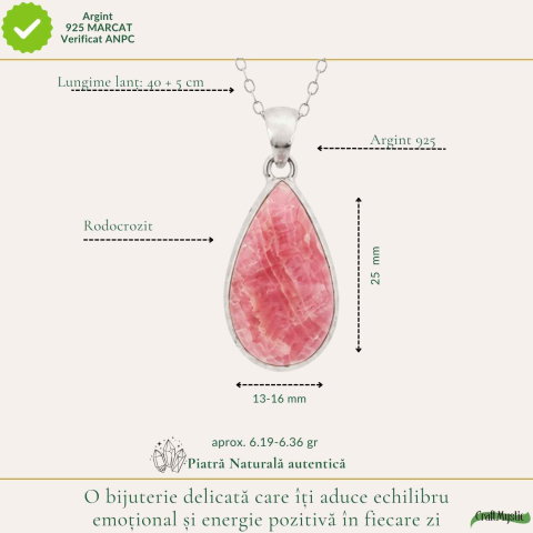 Colier Argint 925 cu Rodocrozit Natural Lacrima – Iubire de Sine si Echilibru Emotional [3]
