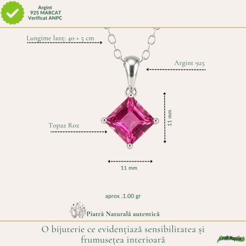 Colier argint 925 cu Topaz Roz forma de patrat – Iubire si echilibru emotional [3]