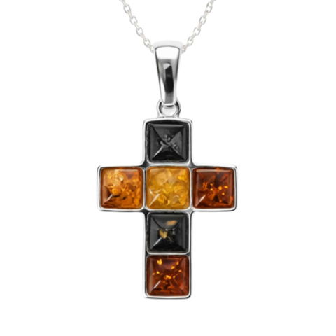 Bijuterii din Argint 925 cu pietre naturale - Colier Argint 925 Cruce cu Chihlimbar Natural în 3 Culori – Protectie si Energie Calda