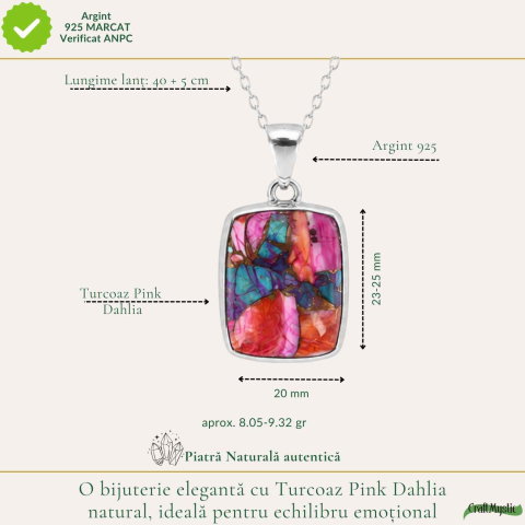 Colier Argint 925 cu Turcoaz Pink Dahlia Dreptunghi – Energie si Creativitate [3]