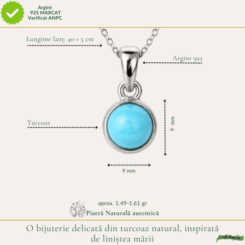 Colier Argint 925 cu Turcoaz Natural Rotund – Calm si Energie Pozitiva [3]
