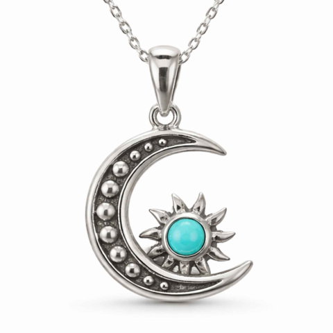 Taur - Colier argint 925 cu Turcoaz semiluna si soare – echilibru si protectie zilnica