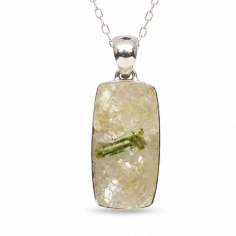 Taur - Colier Argint 925 cu Turmalina Verde si Cuart Dreptunghi – Echilibru si Protectie