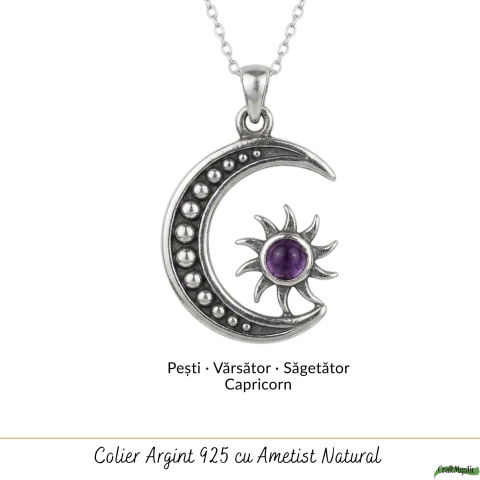 Colier Argint 925 Soare si Semiluna cu Ametist Natural – Echilibru si Energie Interioara [4]