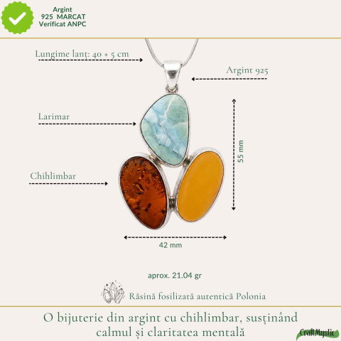 Colier Argint 925 Oval cu Chihlimbar si Larimar – Calm si Echilibru Emotional [3]