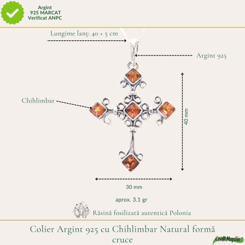 Colier argint 925 cu cruce romb si chihlimbar natural – Protectie si vitalitate [2]
