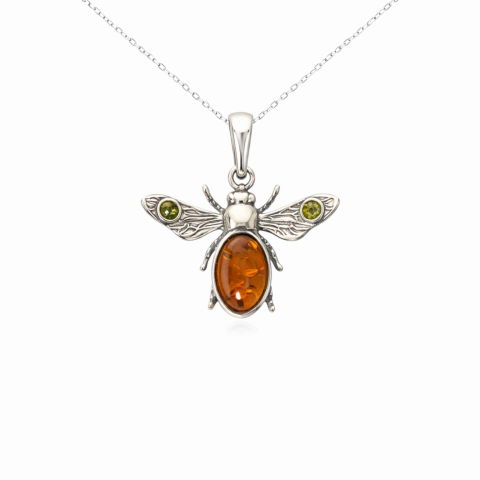 Cristale pe beneficii - Colier Argint 925 Albina cu Chihlimbar Natural – Energie si Bucurie Solara