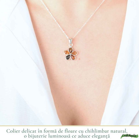 Colier Argint 925 cu Floare din Chihlimbar Natural in 3 Culori – Energie Calda si Feminitate [1]