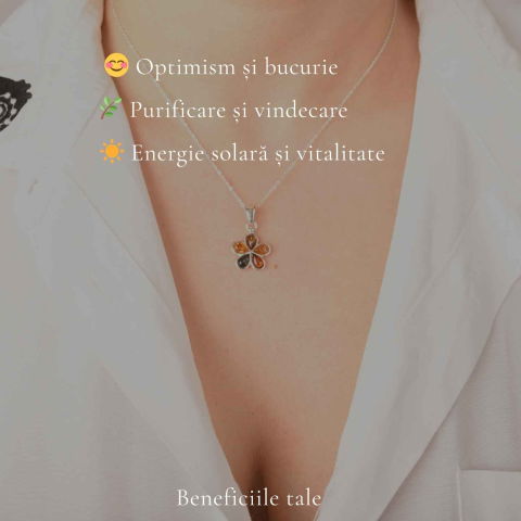 Colier Argint 925 cu Floare din Chihlimbar Natural in 3 Culori – Energie Calda si Feminitate [2]