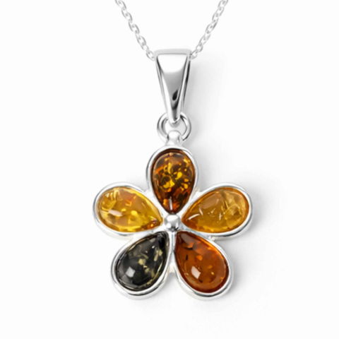 Taur - Colier Argint 925 cu Floare din Chihlimbar Natural in 3 Culori – Energie Calda si Feminitate