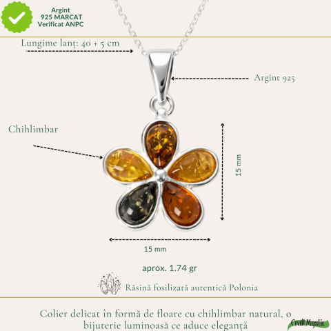 Colier Argint 925 cu Floare din Chihlimbar Natural in 3 Culori – Energie Calda si Feminitate [3]