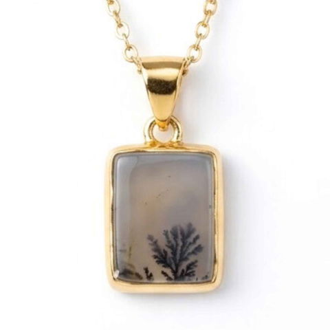 Bijuterii Semiprețioase - Colier Argint 925 Placat Aur 18K cu Agat Scenic Dendritic Dreptunghi – Echilibru si Claritate