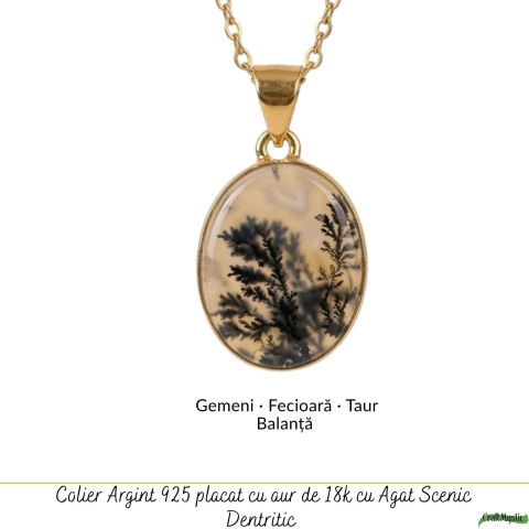 Colier Argint 925 Placat Aur 18K cu Agat Scenic Dendritic Oval – Echilibru si Claritate [4]