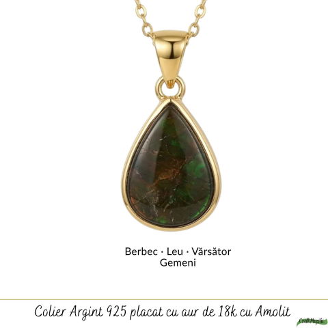 Colier Argint 925 Placat Aur 18K cu Amolit Natural Lacrima – Prosperitate si Energie Pozitiva [4]