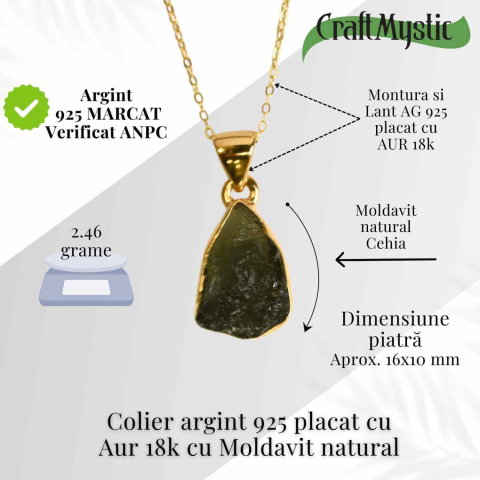 Colier argint 925 placat cu Aur 18k cu Moldavit natural – Transformare spirituala – 2.46 g [2]