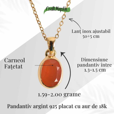 Colier Argint 925 Placat cu Aur 18K cu Carneol Oval – Energie si Vitalitate Zilnica [4]