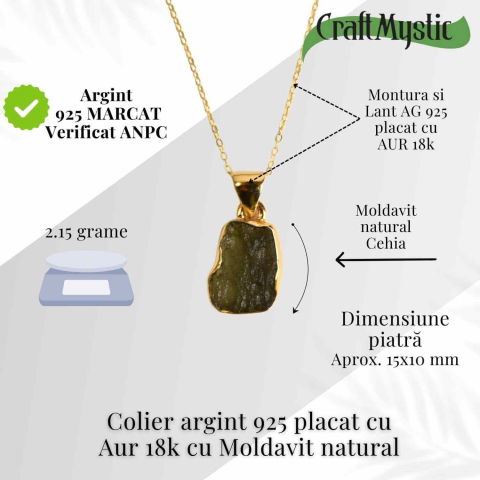 Colier argint 925 placat cu aur 18k cu moldavit natural 2,15 gr 15x10 mm – certificat gemologic [2]