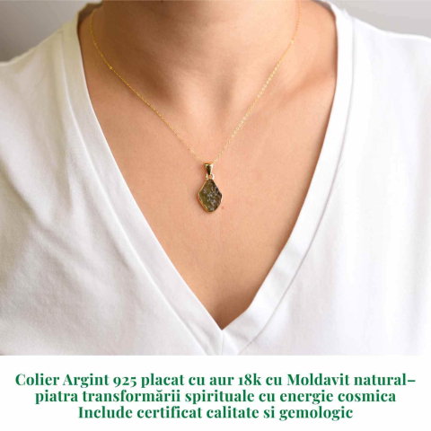 Colier Argint 925 placat aur 18k cu Moldavit natural brut 1.99 g – talisman de transformare [1]