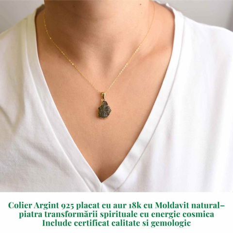 Colier Argint 925 placat aur 18k cu Moldavit natural brut 2.36 g – talisman de transformare [1]