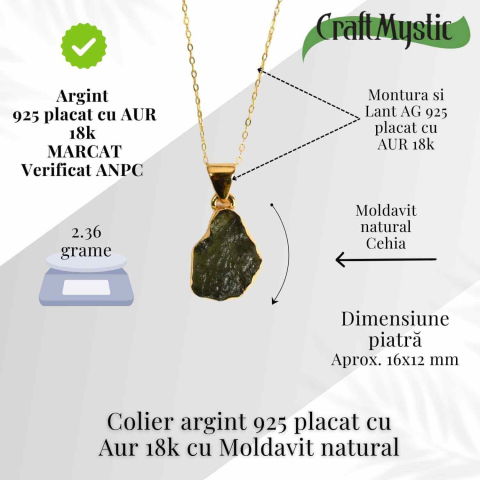 Colier Argint 925 placat aur 18k cu Moldavit natural brut 2.36 g – talisman de transformare [2]