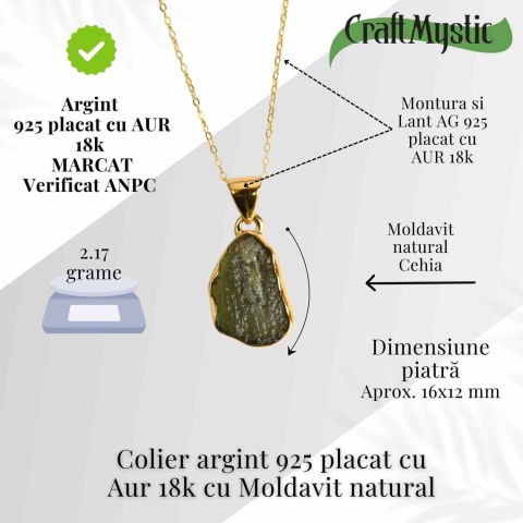Colier argint 925 placat aur 18k cu Moldavit natural 2.17 g – Accelereaza transformarea personala [2]