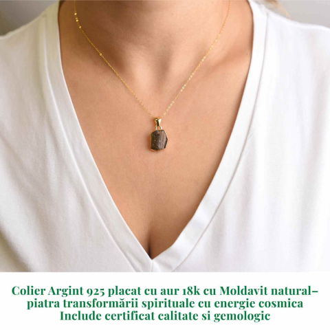 Colier Argint 925 placat cu Aur 18k cu Moldavit natural brut - transformare si protectie - 2.16 g [1]