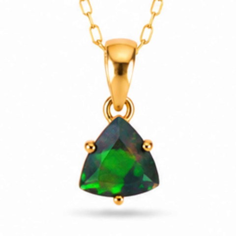 Meditatie si Spiritualitate - Colier Argint 925 Placat cu Aur 18K cu Opal Negru Triunghi – Protectie si Claritate