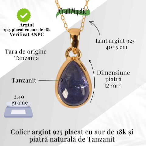 Colier Argint 925 placat cu Aur 18K si Tanzanit Lacrima – Claritate si Renastere Spirituala [3]