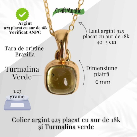 Colier Argint 925 Placat cu Aur 18K si Turmalina Verde Naturala – Echilibru, Vindecare si Energie a Vietii [4]