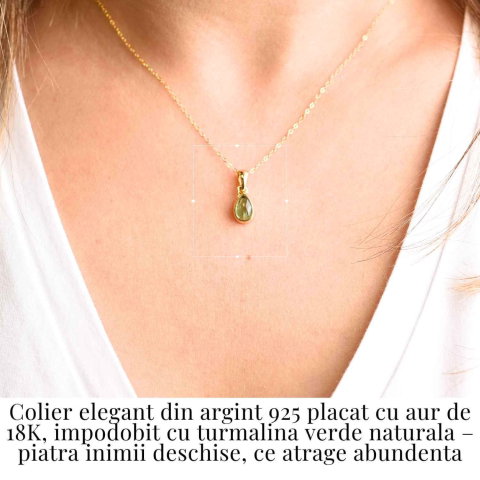 Colier Argint 925 Placat cu Aur 18K si Turmalina Verde Naturala in Forma de Lacrima – Vindecare, Armonie si Renastere [1]