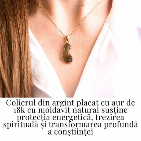 Colier cu lant de inox aurit si pandantiv montura argint 925, placat cu aur 18 k si Moldavit natural, 2.82 gr – Echilibru si trezire spirituala [1]