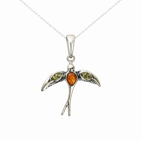 Cristale pe beneficii - Colier Argint 925 Randunica cu Chihlimbar Natural – Libertate si Vitalitate