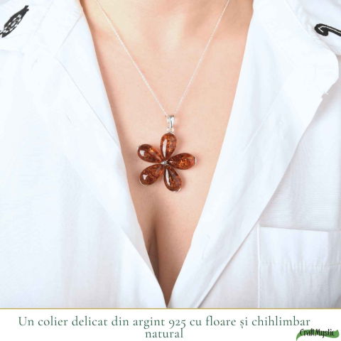 Colier Argint 925 cu Floare Mare din Chihlimbar Natural – Energie Calda si Protectie [1]