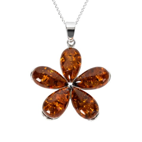 Taur - Colier Argint 925 cu Floare Mare din Chihlimbar Natural – Energie Calda si Protectie