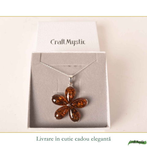 Colier Argint 925 cu Floare Mare din Chihlimbar Natural – Energie Calda si Protectie [5]