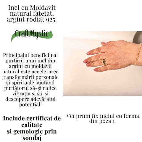 Inel minimalist din Argint 925 rodiat cu Moldavit natural fatetat – claritate, protectie si evolutie interioara [4]