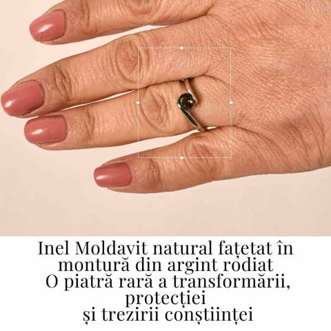 Inel minimalist din Argint 925 rodiat cu Moldavit natural fatetat – claritate, protectie si evolutie interioara [1]