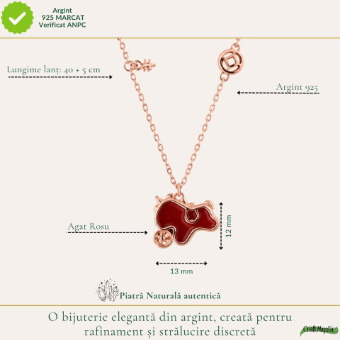 Colier Argint 925 Rose Gold cu Agat Rosu Natural forma calut– Energie, Curaj si Eleganta [3]