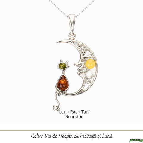 Colier Argint 925 Semiluna cu Pisica din Chihlimbar Natural – Protectie si Vitalitate [4]