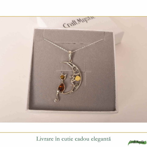 Colier Argint 925 Semiluna cu Pisica din Chihlimbar Natural – Protectie si Vitalitate [5]