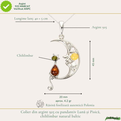 Colier Argint 925 Semiluna cu Pisica din Chihlimbar Natural – Protectie si Vitalitate [3]