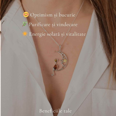 Colier Argint 925 Semiluna cu Pisica din Chihlimbar Natural – Protectie si Vitalitate [2]