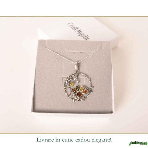 Colier Argint 925 Rotund cu Flori si Pasare din Chihlimbar Natural – Bucurie si Vitalitate [5]