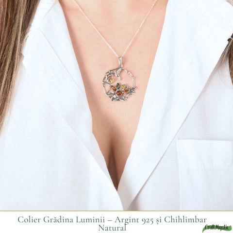 Colier Argint 925 Rotund cu Flori si Pasare din Chihlimbar Natural – Bucurie si Vitalitate [1]