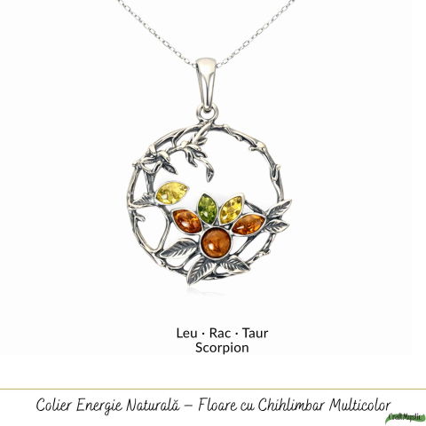 Colier Argint 925 Rotund cu Flori si Pasare din Chihlimbar Natural – Bucurie si Vitalitate [4]