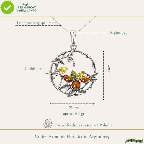 Colier Argint 925 Rotund cu Flori si Pasare din Chihlimbar Natural – Bucurie si Vitalitate [3]