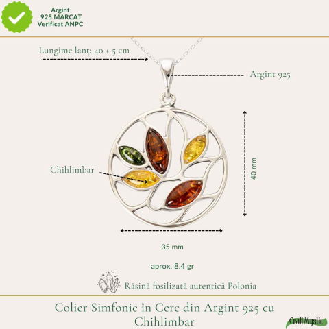 Colier Argint 925 Rotund cu Frunze din Chihlimbar Natural – Vitalitate Solara [3]